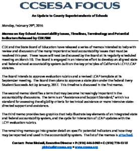 CCSESA Focus 2.29.2016 - Memos Released By CDE And SBE