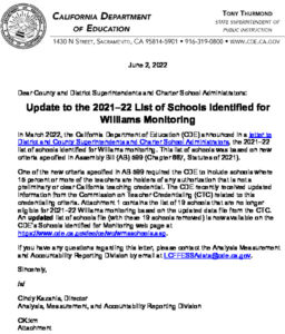 Update To The 2021-22 List Of Schools Identified For Williams Monitoring